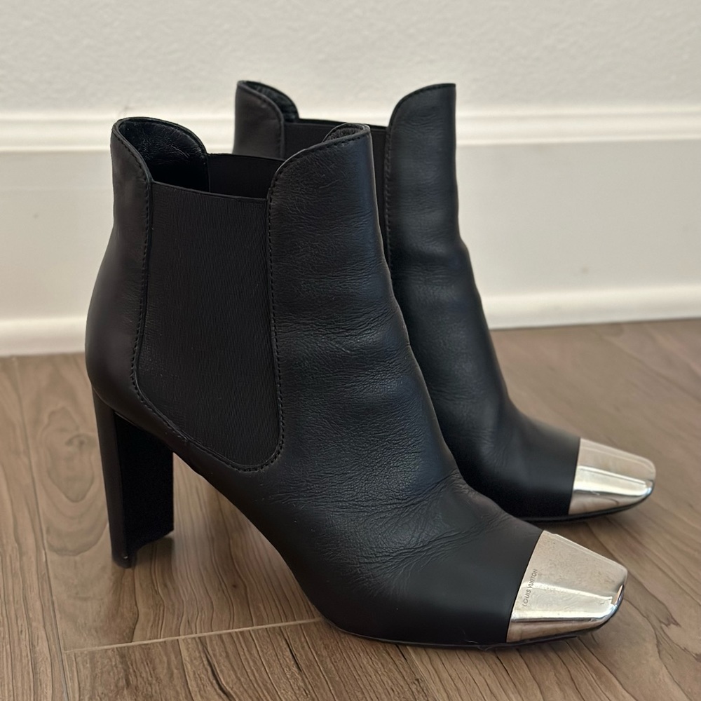 Louis Vuitton Square Metal Tip Toe Black Booties, size us 6.5